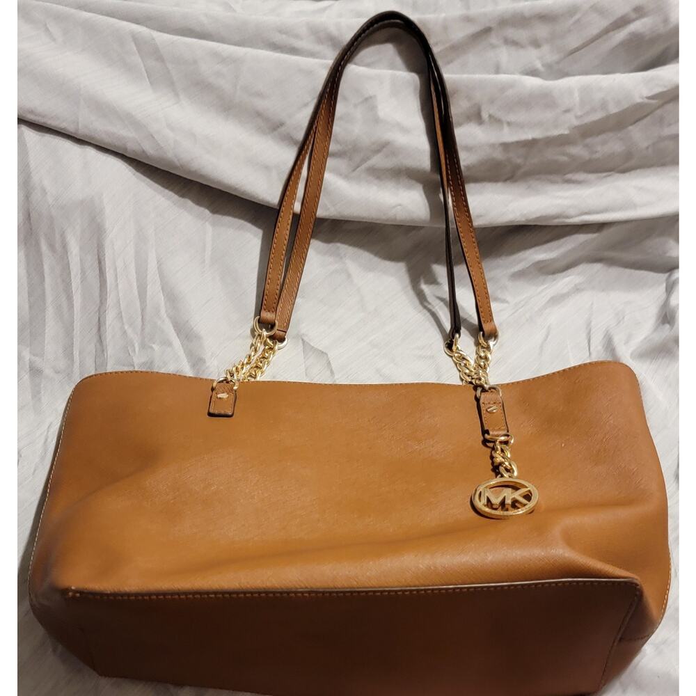 Michael Kors Soft Leather Bag - Camel Zipper Top Charm Logo